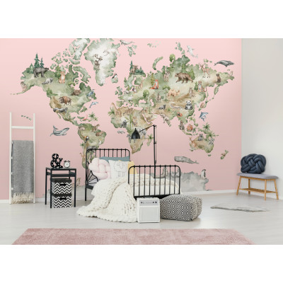 Papier peint mural repr&eacute;sentant une carte du monde avec des animaux, rose, pour chambre d'enfant
