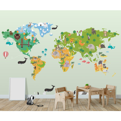 Papier peint mural : carte du monde en version bande dessin&eacute;e avec des animaux, pour chambre d'enfant, vert