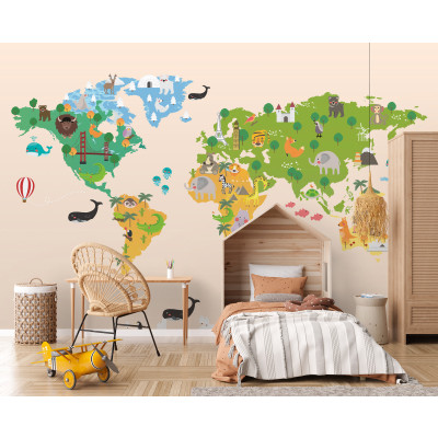 Papier peint mural repr&eacute;sentant une carte du monde de bande dessin&eacute;e avec des animaux, couleur beige, pour chambre d'enfant