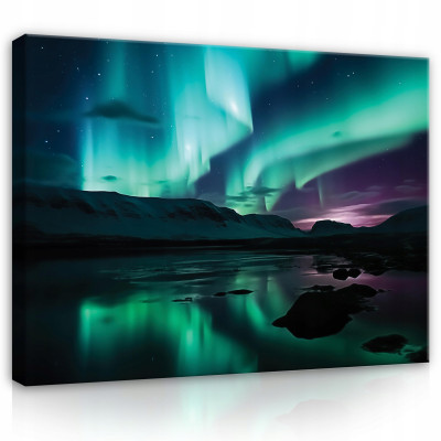 Peinture sur toile mur aurore boréale nuit montagne vue chambre salon 100x70