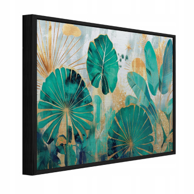 Tableau sur métal dans un cadre noir, motif feuillage de jungle, pour salon ou chambre à coucher, 150 x 100