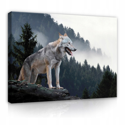 Peinture sur toile loup montagne forêt dans le brouillard grand format 60x40