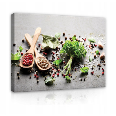 Tableau pour cuisine sur toile : épices et herbes aromatiques, 60 x 40