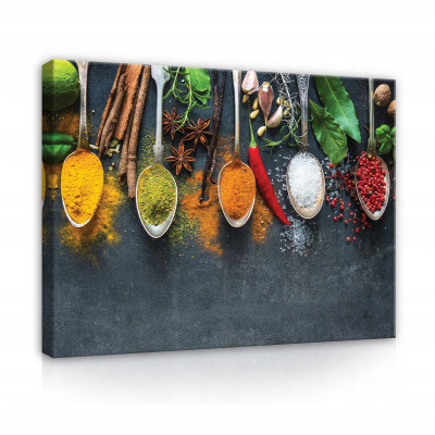 Tableau pour la cuisine : épices, herbes, couverts – 100 x 70