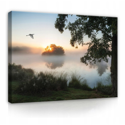 Peinture sur toile lac nature vue brouillard 100x70