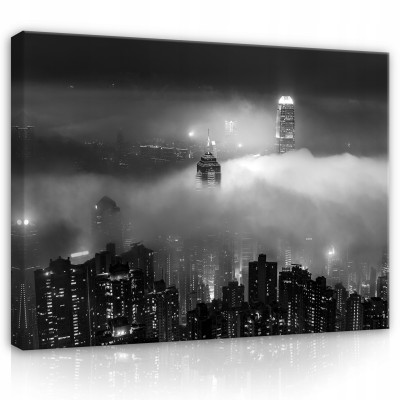 Tableau ville la nuit brouillard sur toile mur 100x70