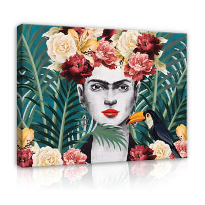 Peinture sur toile Frida Kahlo feuilles fleurs 60x40