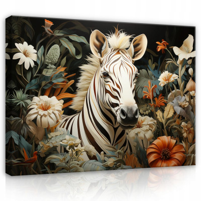 Tableau représentant un zèbre, des fleurs et des animaux sur toile murale pour chambre à coucher ou salon, 100 x 70