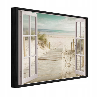 Tableau dans un cadre noir sur toile fenêtre 3D mer plage salon chambre 60x40