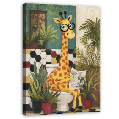 Tableau pour salle de bain et WC : girafe rigolote lisant le journal, sur toile, 40 x 30 cm