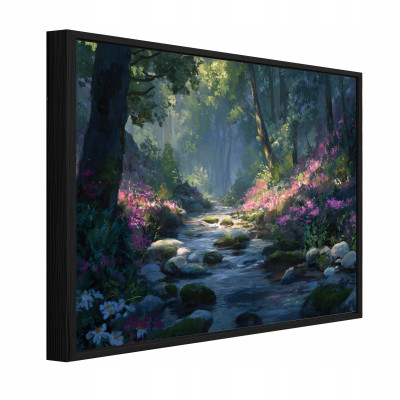 Tableau dans un cadre noir sur toile forêt nature rivière salon chambre à coucher 60x40