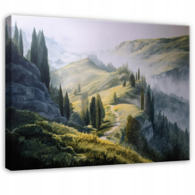 Tableau représentant une montagne, une forêt, la nature et un paysage avec des arbres, pour une chambre ou un salon, sur toile, 120 x 80 cm