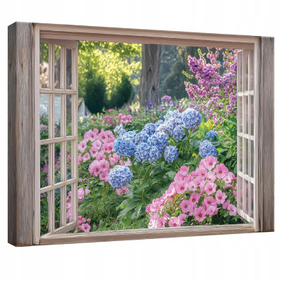 Tableau sur toile mur fenêtre jardin fleurs pour chambre à coucher salon cuisine 100x70