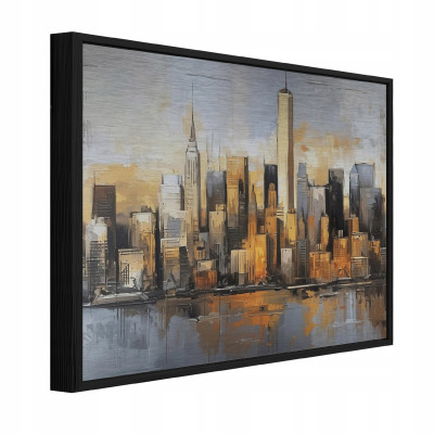 Tableau sur métal dans un cadre noir, ville, panorama, salon, chambre à coucher, 120 x 80