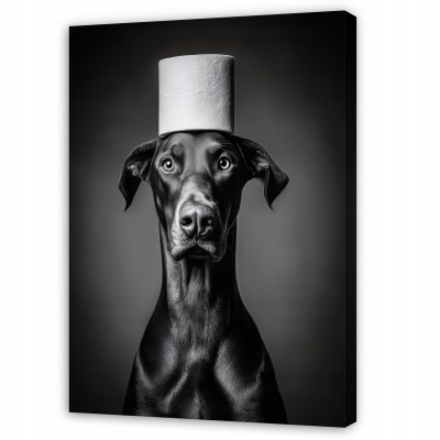 Tableau pour salle de bains et WC : chien rigolo avec du papier toilette, sur toile, 40 x 30 cm