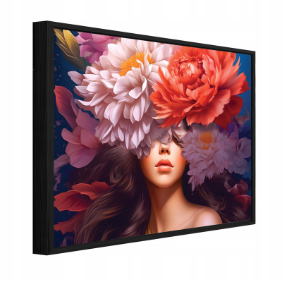 Tableau sur toile dans un cadre noir : femme et fleurs, salon ou chambre à coucher, 120 x 80