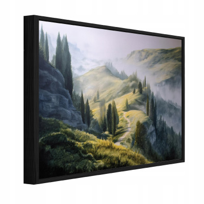 Tableau sur toile dans un cadre noir : paysage forestier, salon ou chambre à coucher, 60 x 40
