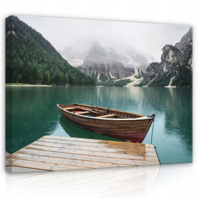 Tableau représentant un bateau sur un lac au milieu des montagnes, sur toile murale 100 x 70