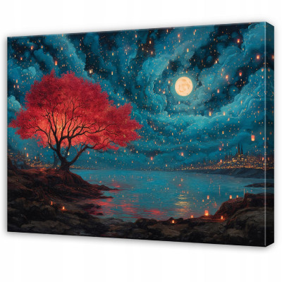 Tableau représentant un arbre et un paysage féérique urbain, pour une chambre ou un salon, sur toile, 60 x 40 cm