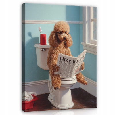 Tableau pour la salle de bains ou les toilettes : chien caniche rigolo lisant le journal, sur toile, 60 x 40