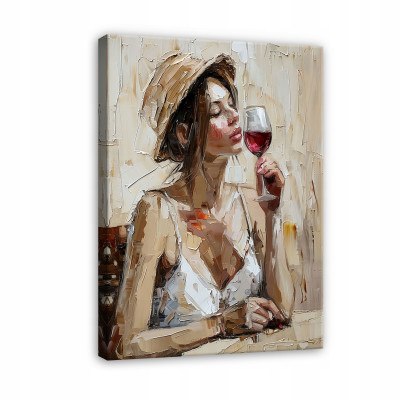 Tableau représentant une femme au chapeau, dans une chambre ou un salon, sur une toile murale 60 x 40