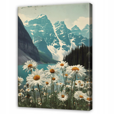 Tableau représentant une montagne, des fleurs et des marguerites, idéal pour une chambre ou un salon, sur toile, 120 x 80 cm