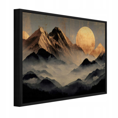 Tableau sur métal dans un cadre noir, montagne, abstraction, salon, chambre à coucher, 150 x 100