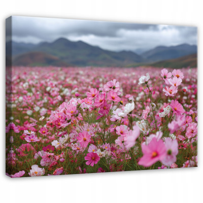 Tableau représentant des fleurs, un champ et un paysage, pour chambre à coucher ou salon, sur toile 60 x 40