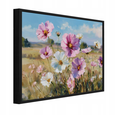 Tableau dans un cadre noir sur toile fleurs des champs prairie salon chambre à coucher 100x70