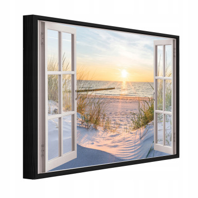 Tableau dans un cadre noir sur toile fenêtre 3D plage mer salon chambre 100x70