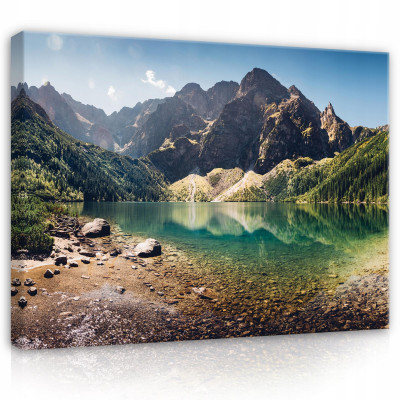 Peinture d'une montagne et d'un lac sur toile 100x70