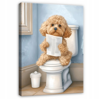 Tableau pour salle de bain et WC : chien rigolo, journal, toilettes, sur toile, 40 x 30 cm