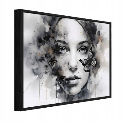 Tableau sur toile dans un cadre noir : visage de femme, salon, chambre à coucher, 120 x 80