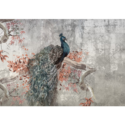 Papier peint mural « Branche de paon sur fond béton » pour le salon