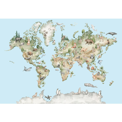 Papier peint mural : carte du monde avec des animaux, bleu, chambre d'enfant