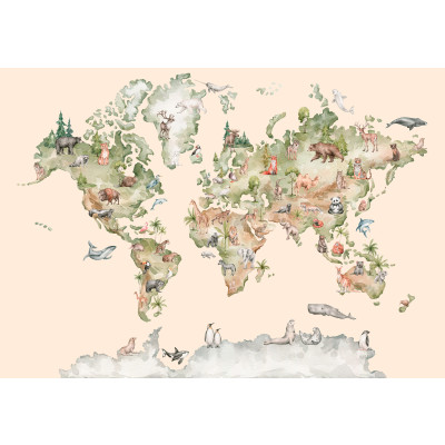 Papier peint mural repr&eacute;sentant une carte du monde avec des animaux, couleur beige, pour chambre d'enfant
