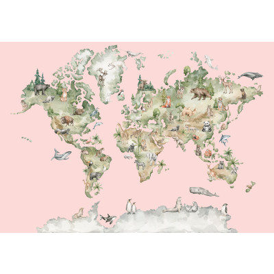 Papier peint mural repr&eacute;sentant une carte du monde avec des animaux, rose, pour chambre d'enfant