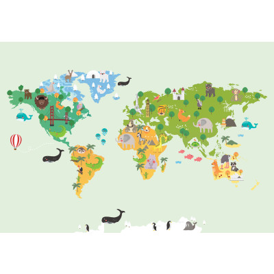 Papier peint mural : carte du monde en version bande dessin&eacute;e avec des animaux, pour chambre d'enfant, vert