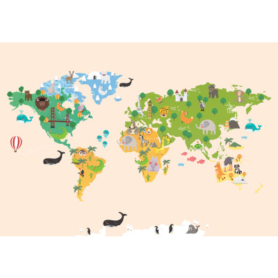 Papier peint mural repr&eacute;sentant une carte du monde de bande dessin&eacute;e avec des animaux, couleur beige, pour chambre d'enfant