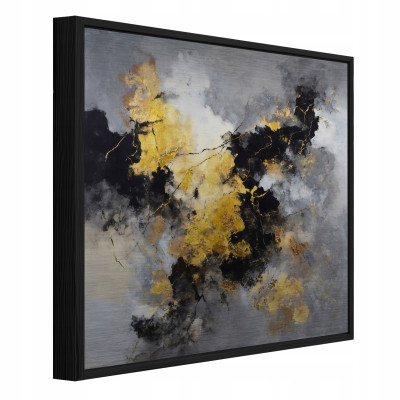 Tableau dans un cadre noir métallique abstraction béton doré salon chambre à coucher 30x30