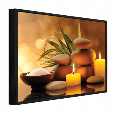 Tableau dans un cadre noir sur toile : spa, pierres, bougies, salon de massage, 90 x 60