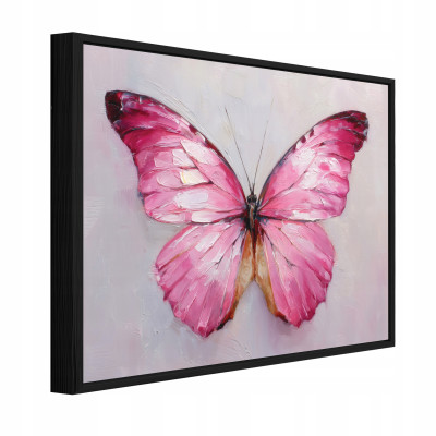 Tableau dans un cadre noir sur toile papillon rose béton salon chambre 40x30