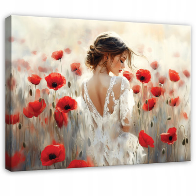 Tableau femme fleurs coquelicots abstraction pour chambre à coucher salon sur toile 60x40