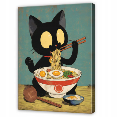Tableau rétro représentant un chat et un bol de ramen, pour la cuisine, la salle à manger ou un restaurant, sur toile, 60 x 40 cm