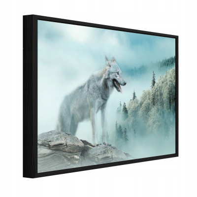 Tableau sur toile dans un cadre noir : loup, forêt, brouillard – salon, chambre à coucher – 40 x 30