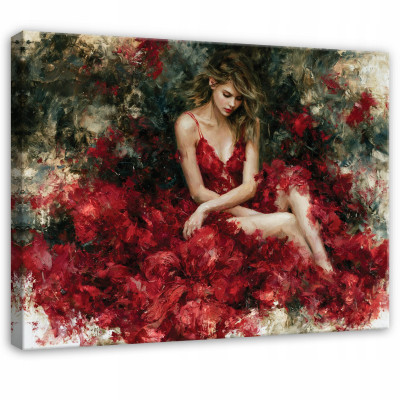 Tableau « femme, fleurs, loft, béton » pour chambre ou salon, sur toile, 120 x 80