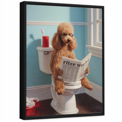 Tableau sur toile dans un cadre noir pour la salle de bain : chien rigolo aux toilettes, 40 x 30