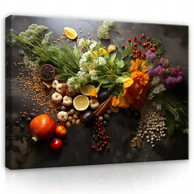 Tableau pour la cuisine : épices et herbes aromatiques sur toile murale grand format 120 x 80