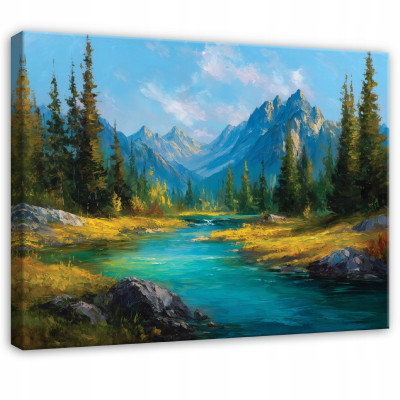 Image de montagne, nature, forêt, rivière, paysage pour chambre à coucher ou salon, sur toile 100x70