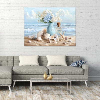 Tableau &laquo; Vase, mer, abstraction, fleurs &raquo; pour la chambre &agrave; coucher ou le salon, sur toile, 40 x 30